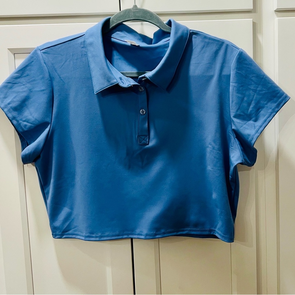 90 Degree By Reflex Blue Cropped Polo Top